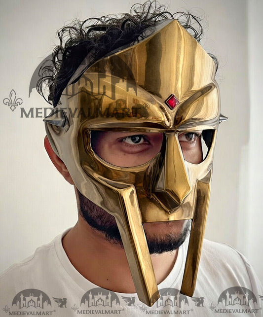 MEDIEVALMART PREMIUM MF DOOM Mask Mad Villain Antique Gold Finish Steel Face Armor