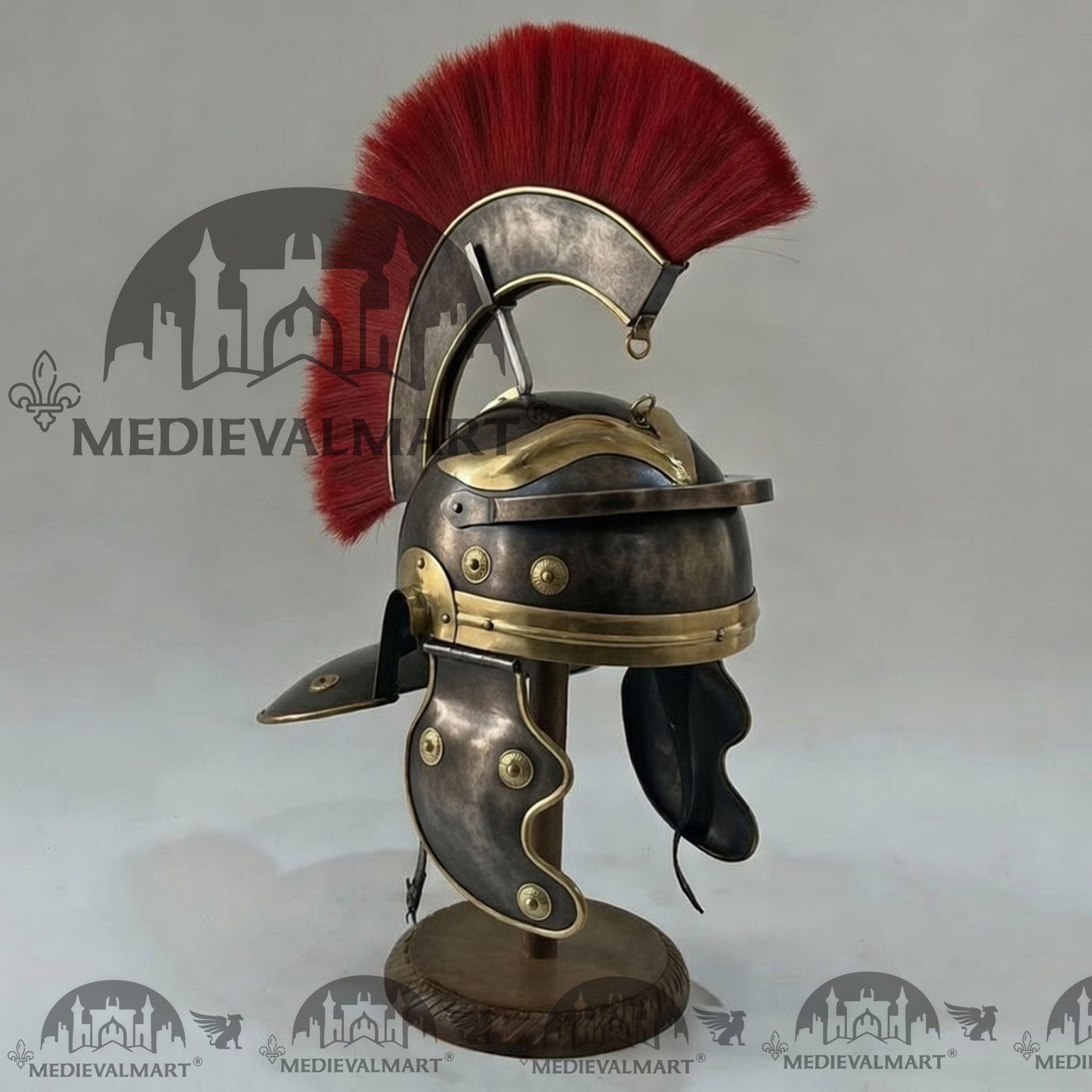 MEDIEVALMART Gallic Roman Centurion Antique Black Finish Helmet Replica Red Plume with Free Stand
