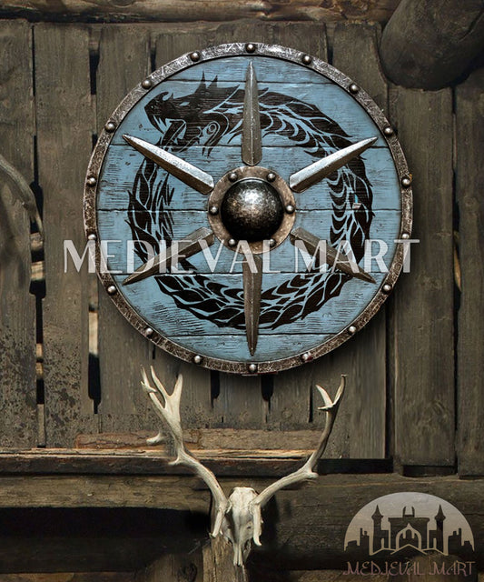 MEDIEVALMART Viking's Blue Ouroboros Iron Spikes Battleworn Viking Wooden Shield | Gifts For Dad