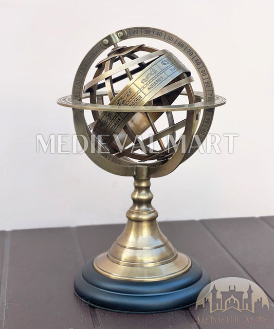 MEDIEVALMART Vintage Brass Armillary Sphere Globe: Nautical Table Decor on Wooden Base