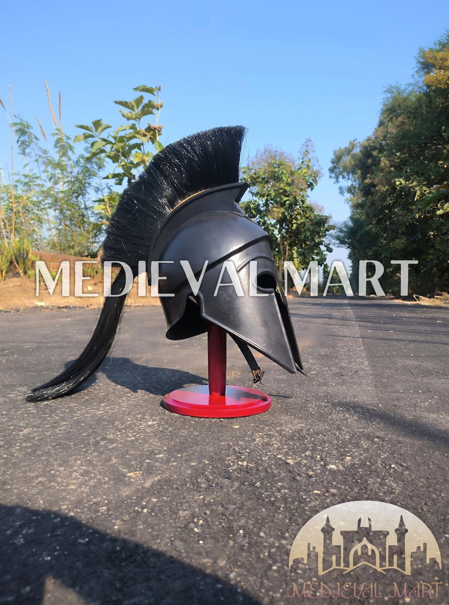 MEDIEVALMART Corinthian Greek Knight Crusader Black Finish Spartan Helmet W/H Free Stand | 300 Props
