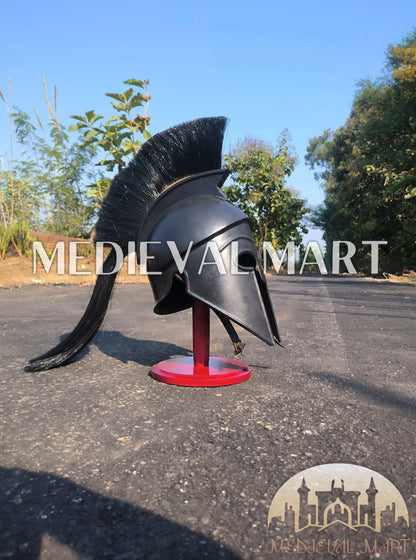 MEDIEVALMART Corinthian Greek Knight Crusader Black Finish Spartan Helmet W/H Free Stand | 300 Props