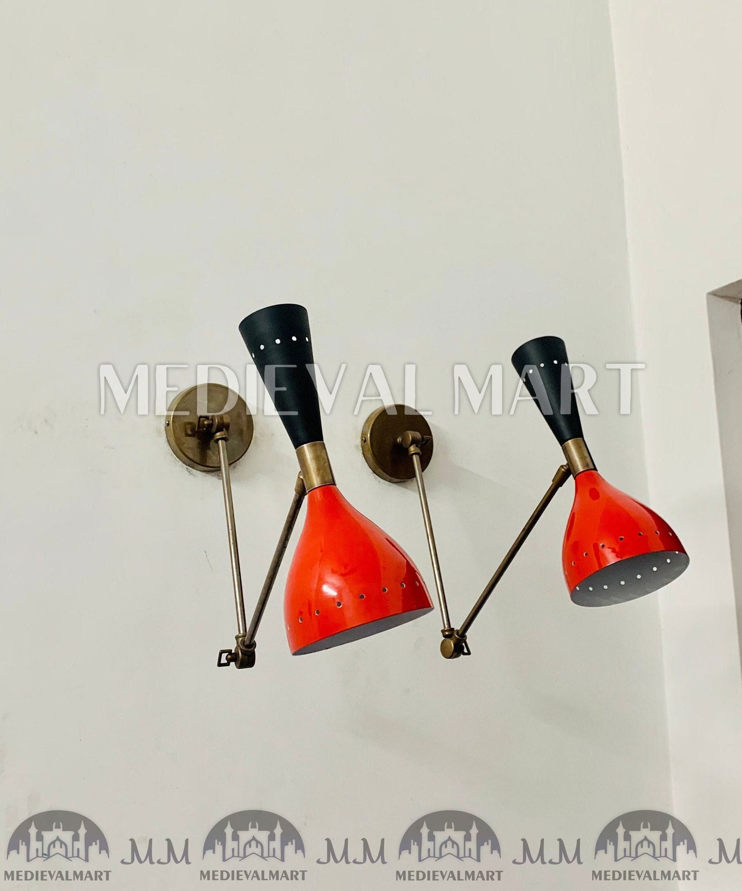 MEDIEVALMART Mid Century Italian Brass Wall Sconce Pair: Red & Black Stilnovo Light
