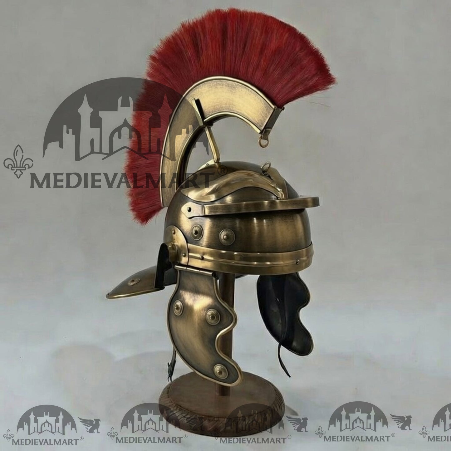 MEDIEVALMART Gallic Roman Centurion Antique Gold Finish Helmet Replica Red Plume with Free Stand