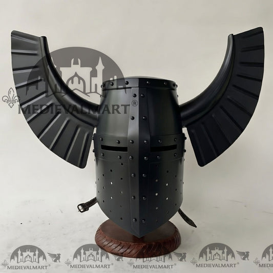 CASQUE Médiéval de chevalier templier teutonique avec finition noire et support gratuit MEDIEVALMART