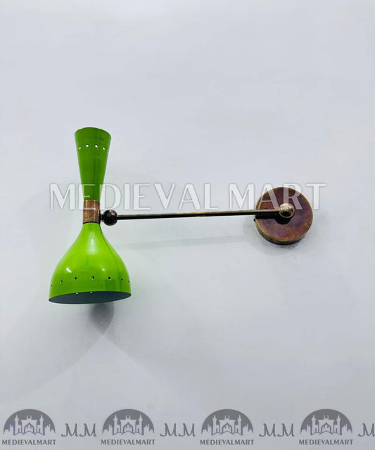 MEDIEVALMART 1950s Italian Diabolo Wall Sconce: Mid-Century Olive Green Brass Light