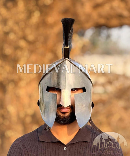 MEDIEVALMART "300" Movie King of Sparta Leonidas Silver Finish Helmet W/H Free Stand | 300 Props