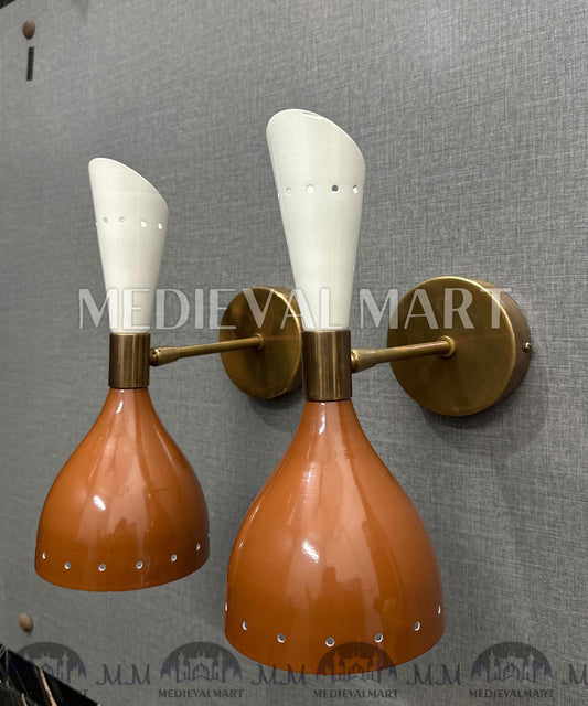 MEDIEVALMART Handmade Modern Chocolate & White Brass Double Cone Wall Sconce Light