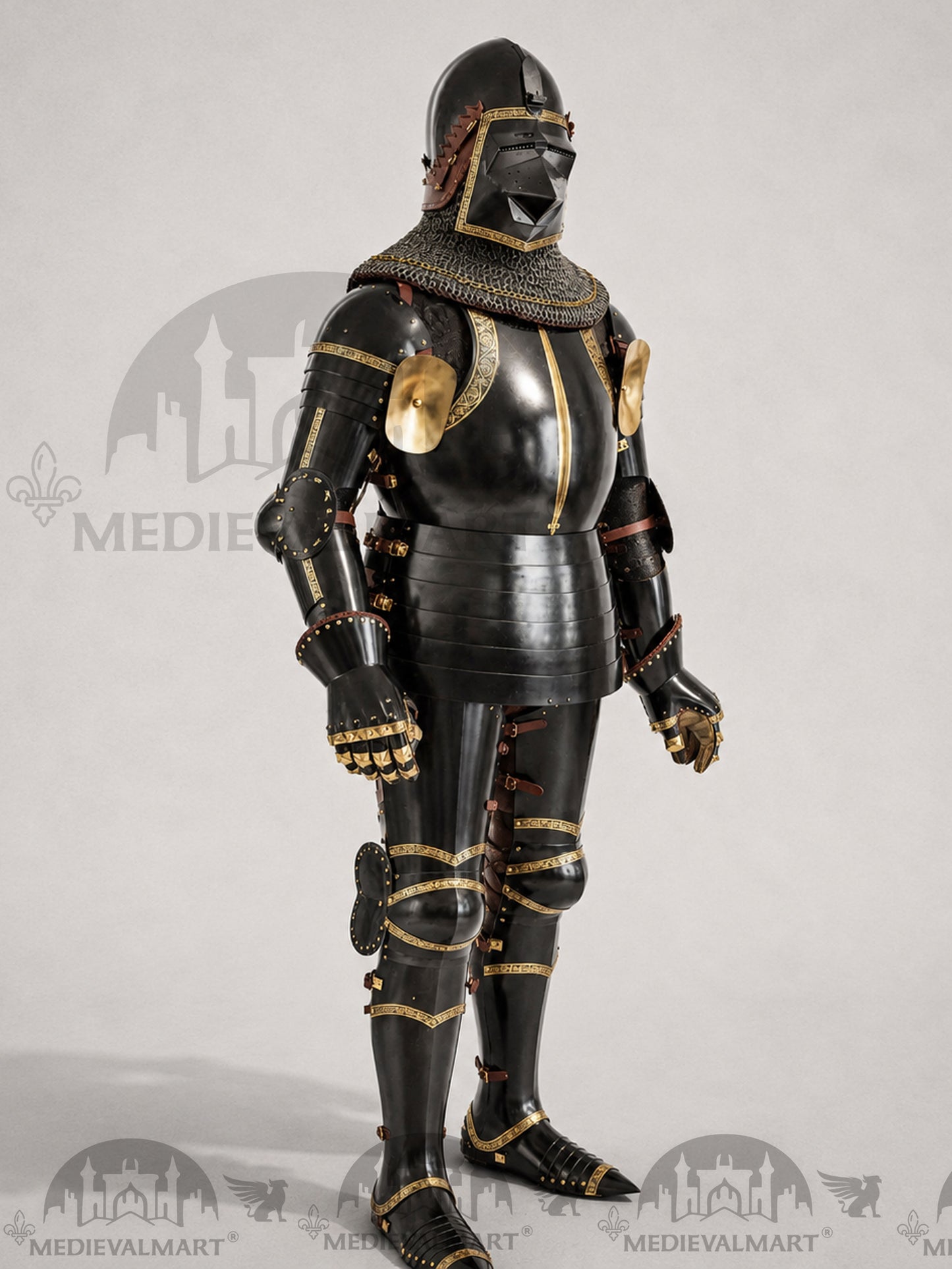MEDIEVALMART Dark Paladin Imperial Guard Knight  Black & Brass Deco Full Body Metal Armor Costume W/H Houndskull