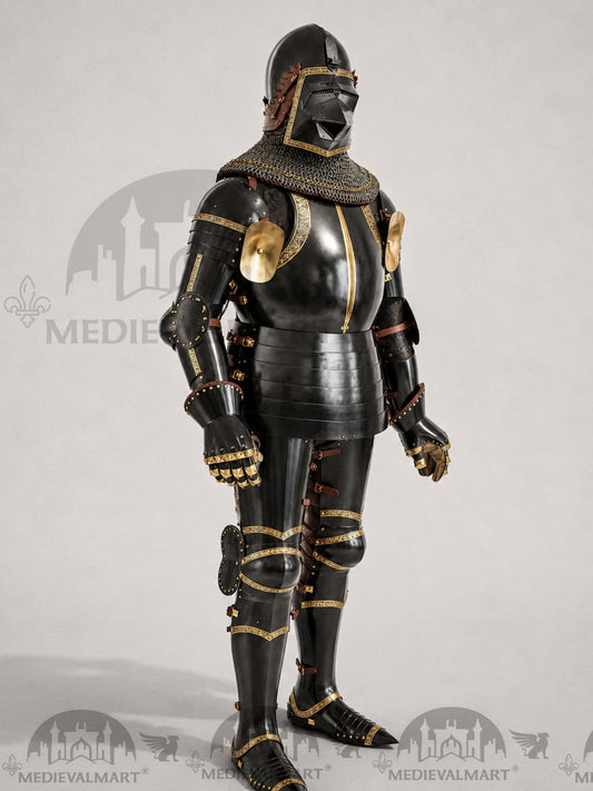 MEDIEVALMART Chevalier Garde Impériale Paladin Noir Armure Complète en Métal Décoration Noire et Laiton avec Heaume de Type "Tête de Chien"