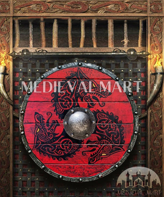 MEDIEVALMART Viking's Fenrir Red Athena’s Authentic Battleworn Viking Wooden Shield | Gifts For Dad