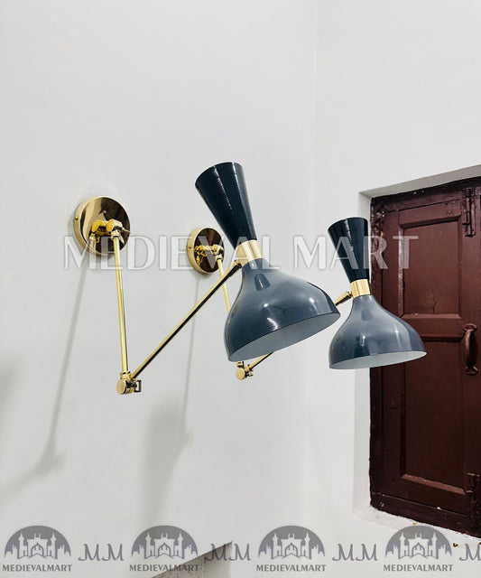 MEDIEVALMART Mid Century Brass Diabolo Wall Sconce Pair - Grey Italian Plug-in Lighting