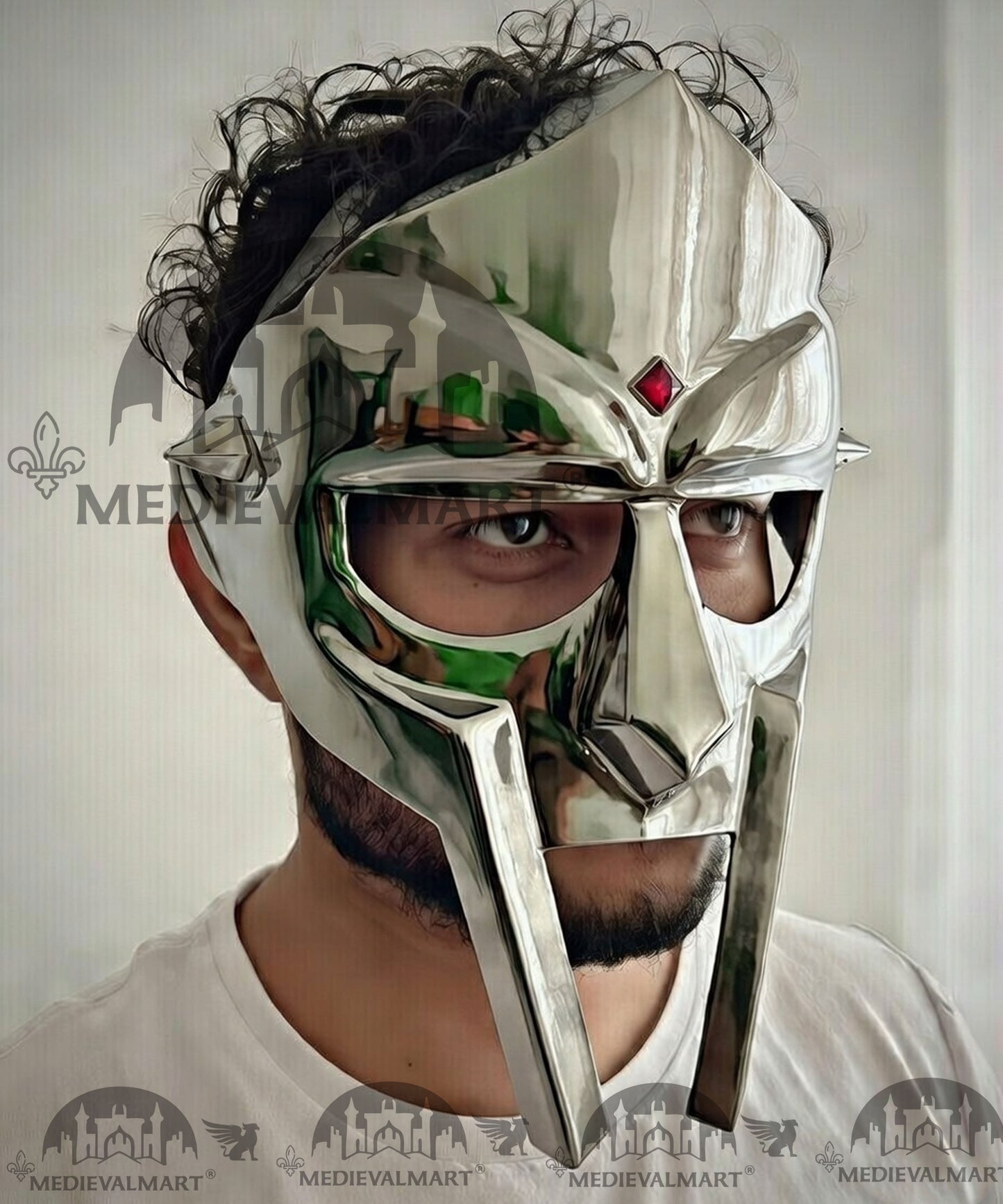 MEDIEVALMART PREMIUM MF DOOM Mask Mad Villain Metallic Silver Finish Steel Face Armor