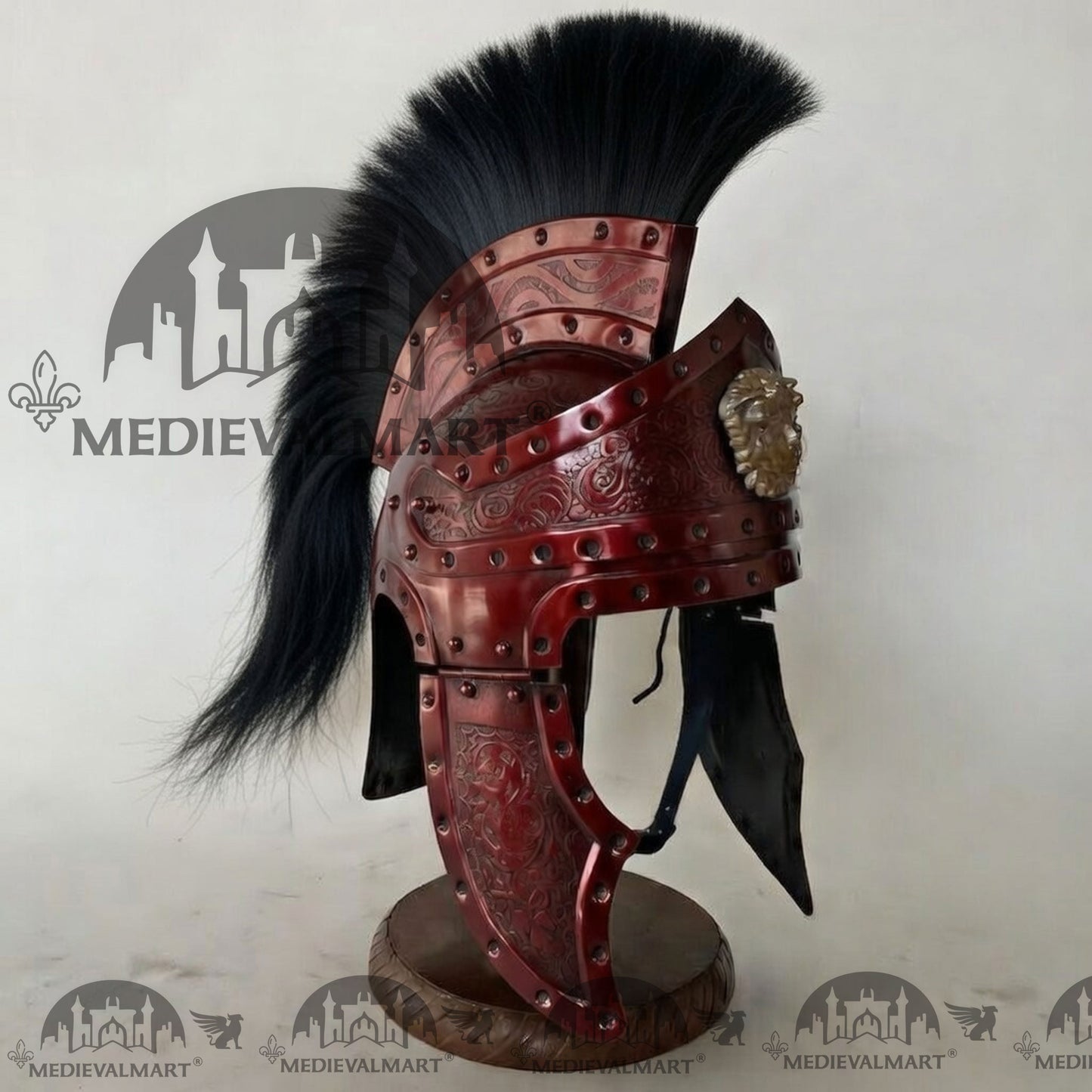 MEDIEVALMART Medieval Roman Centurion Maroon Red Finish Helmet with Black Plume or Free Wooden Stand