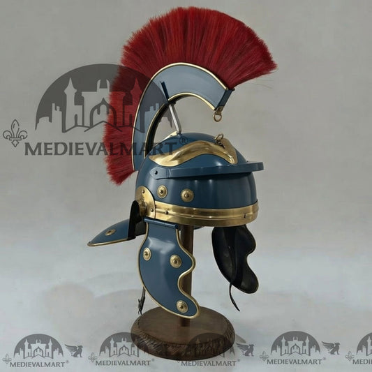 MEDIEVALMART Casque de Centurion Romain Gauloise Finition Bleu Océan Réplique Plume Rouge avec Support Gratuit