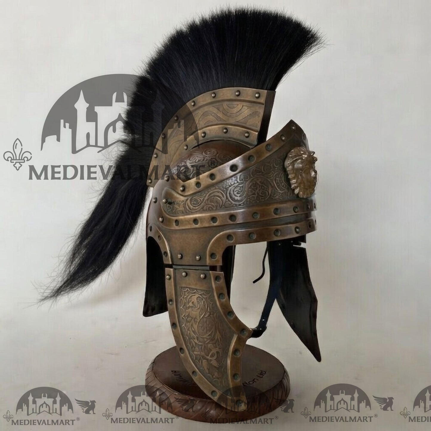 MEDIEVALMART Medieval Roman Centurion Antique Bronze Finish Helmet with Black Plume or Free Wooden Stand