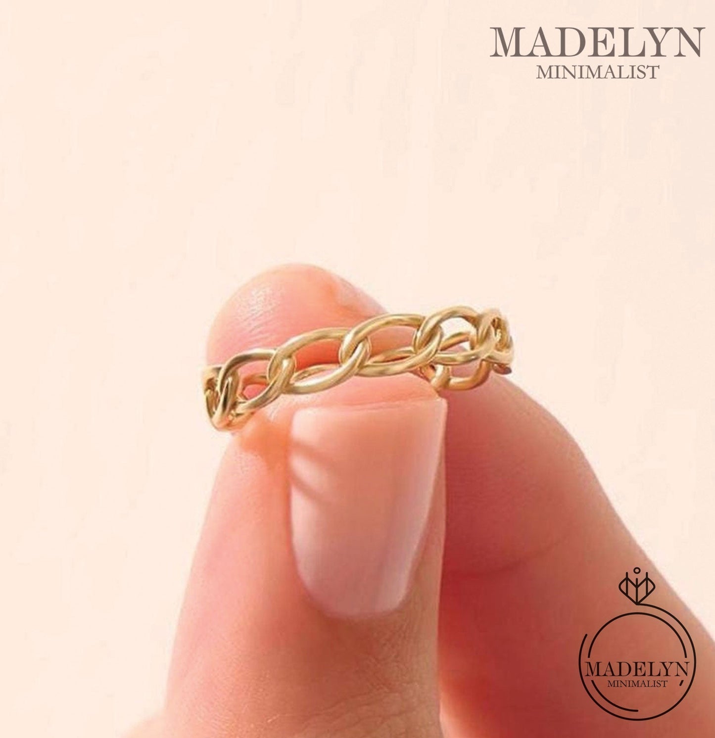 MADELYN MINIMALIST 14k Solid Gold Minimalist Oval Chain Ring, Curb Link Stacking Band for Women | Gift for Mom