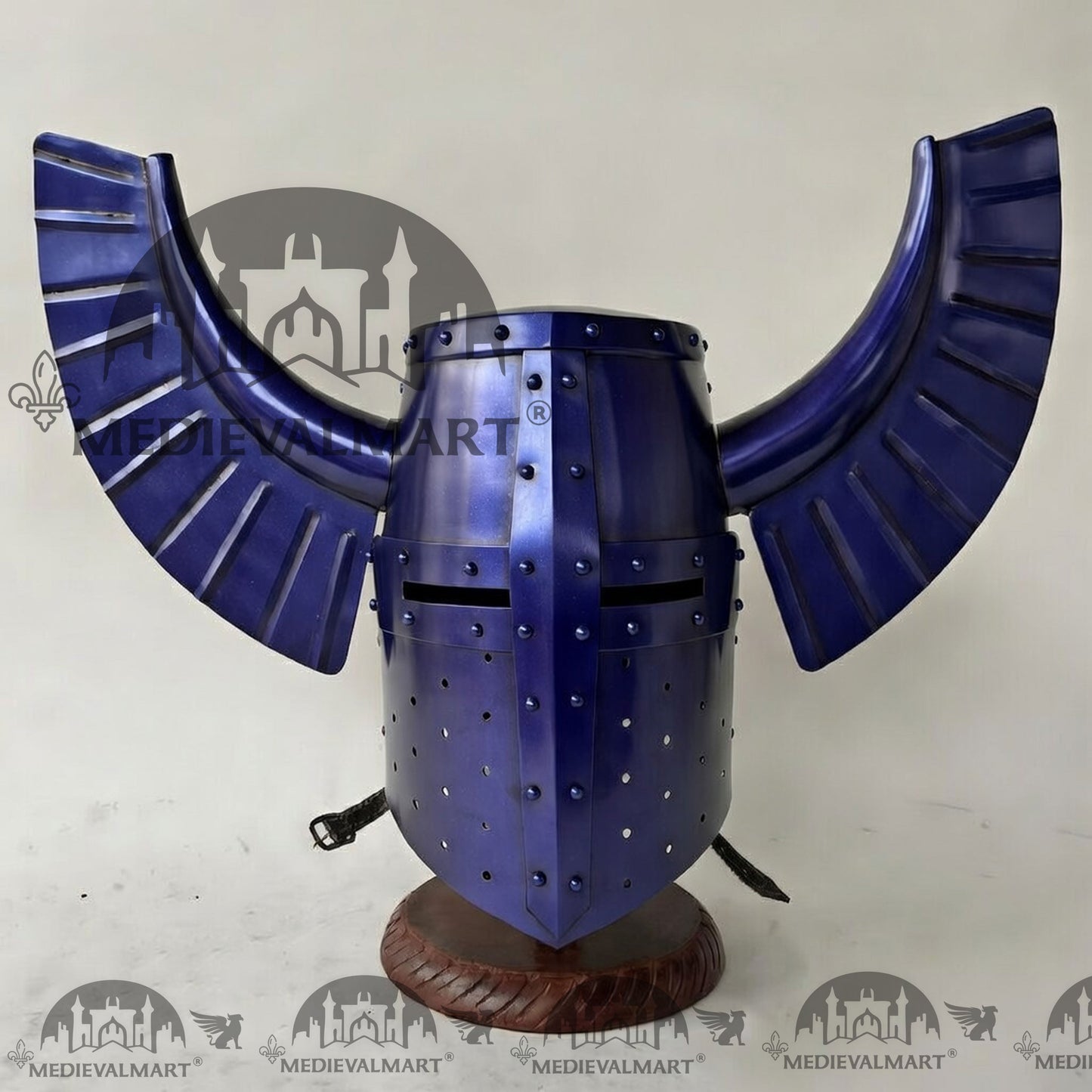 MEDIEVALMART Medieval Templar Warrior Teutonic Blue Finish Wing Helmet with Free Stand
