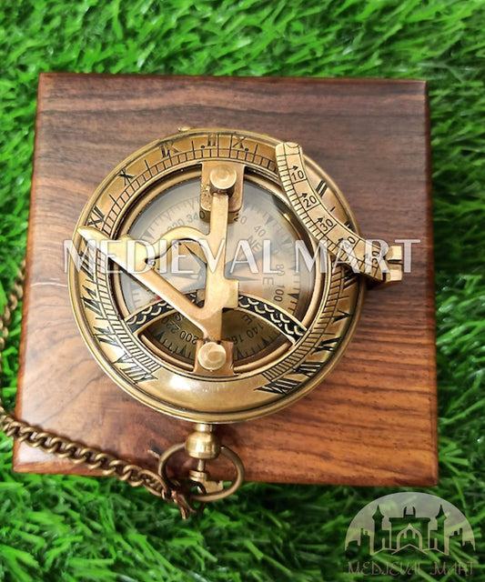 MEDIEVALMART Nautical Pirates Personalized Sun Clock Pocket Compass Gold Finish W/H Gen-1 Wooden Case | Gift For Him