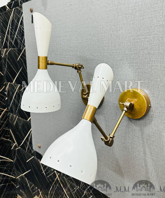 MEDIEVALMART Mid Century Italian Stilnovo Wall Sconce Pair: Brass Adjustable Bedside Lamps