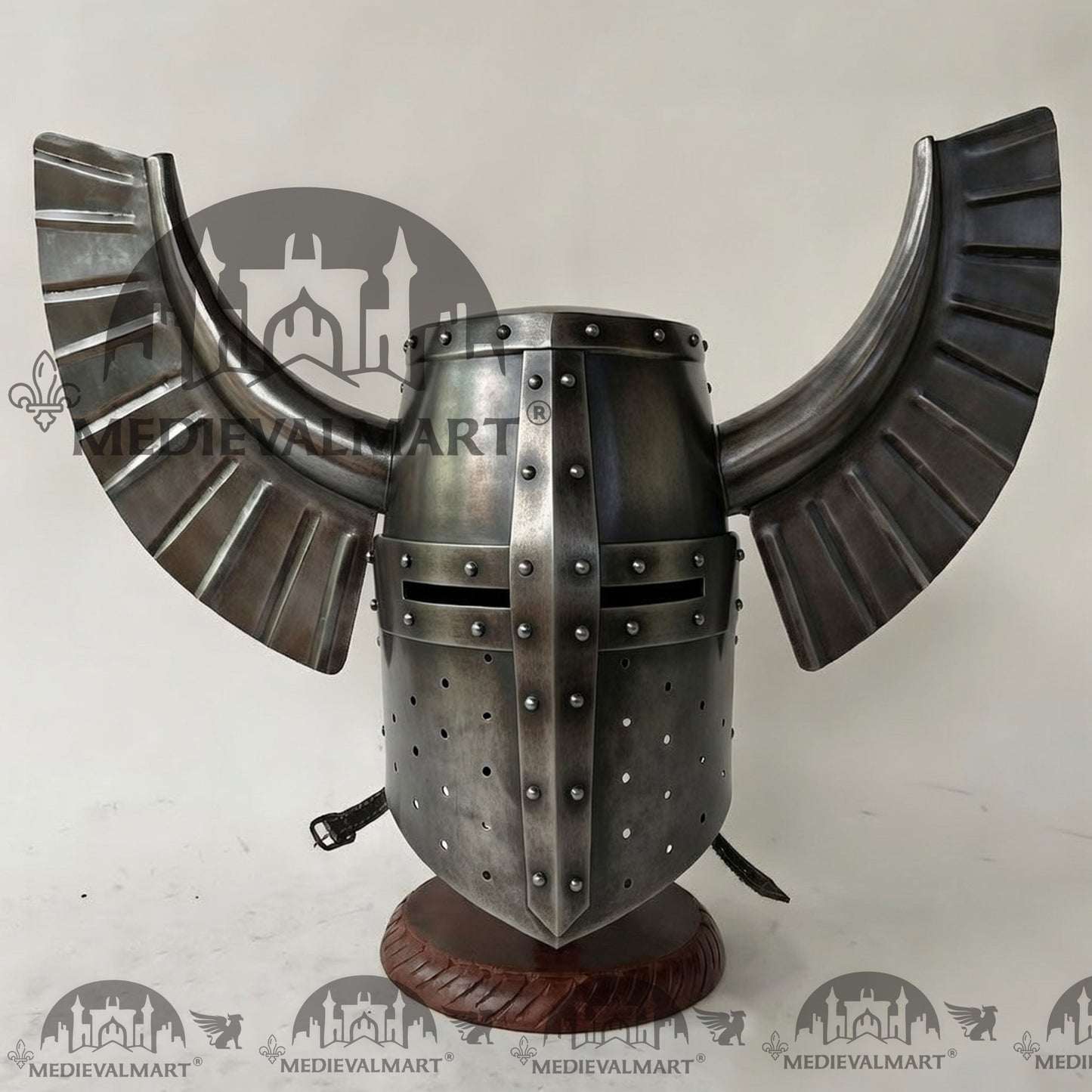 MEDIEVALMART Medieval Templar Warrior Teutonic Antique Silver Finish Wing Helmet with Free Stand