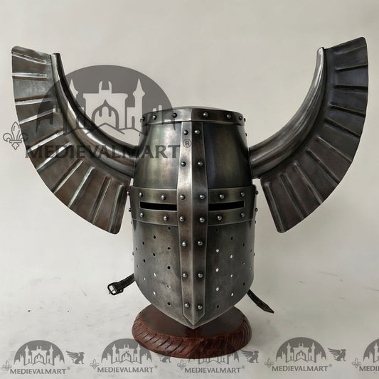MEDIEVALMART Casque médiéval de guerrier templier teutonique finition argent antique avec support gratuit