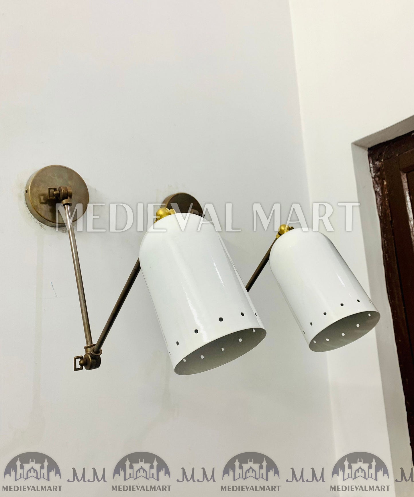 MEDIEVALMART Mid Century Italian Brass Diabolo Wall Sconce Pair - White 1950s Lighting