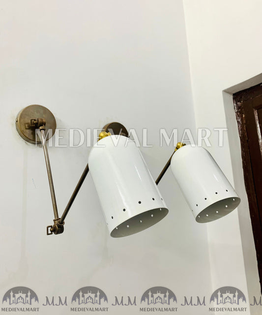 MEDIEVALMART Mid Century Italian Brass Diabolo Wall Sconce Pair - White 1950s Lighting