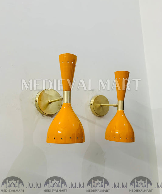MEDIEVALMART Mid Century Brass Diabolo Wall Sconce Pair: Italian Modern Lighting