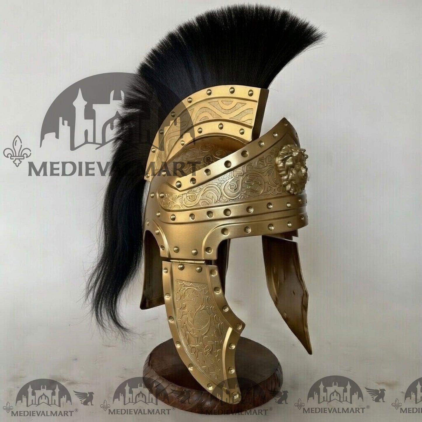 MEDIEVALMART Medieval Roman Centurion Gold Finish Helmet with Black Plume or Free Wooden Stand