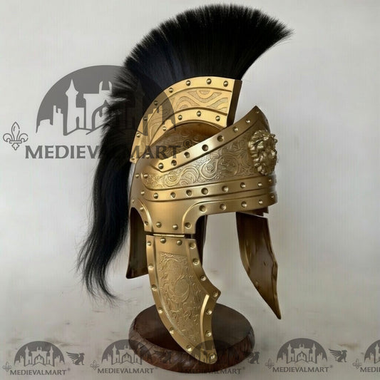 MEDIEVALMART Casque de centurion romain médiéval finition dorée avec panache noir ou support en bois gratuit