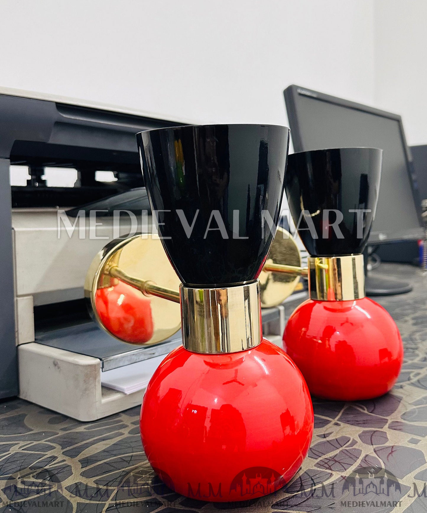 MEDIEVALMART Red Diabolo Wall Sconce Pair: Mid Century Italian Style Bedside Lamp