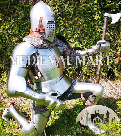 MEDIEVALMART 1400s European knight Warrior Buhurt full Body Plate Armor Costume W/H Klappvisor Bascinet & Viking Axe