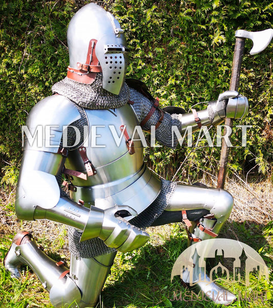 MEDIEVALMART 1400s European knight Warrior Buhurt full Body Plate Armor Costume W/H Klappvisor Bascinet & Viking Axe