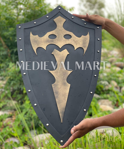 MEDIEVALMART Medieval Templar Bat Inspired Wooden Shield Black & Gold Finish | Gift for Christmas Day