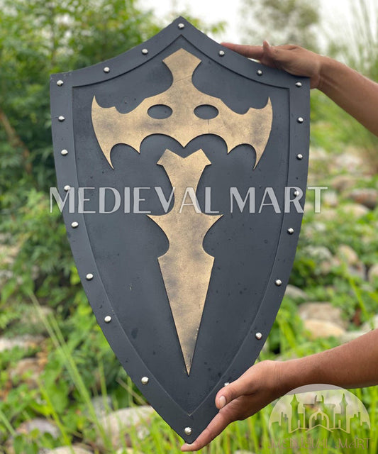 MEDIEVALMART Medieval Templar Bat Inspired Wooden Shield Black & Gold Finish | Gift for Christmas Day