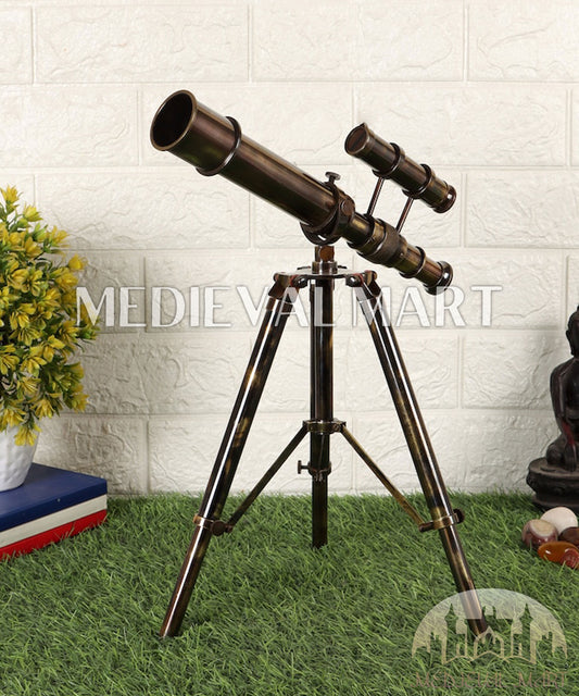 MEDIEVALMART Nautical Antique Vintage Brass Double Barrel Telescope W/H Antique Brass Tripod Stand