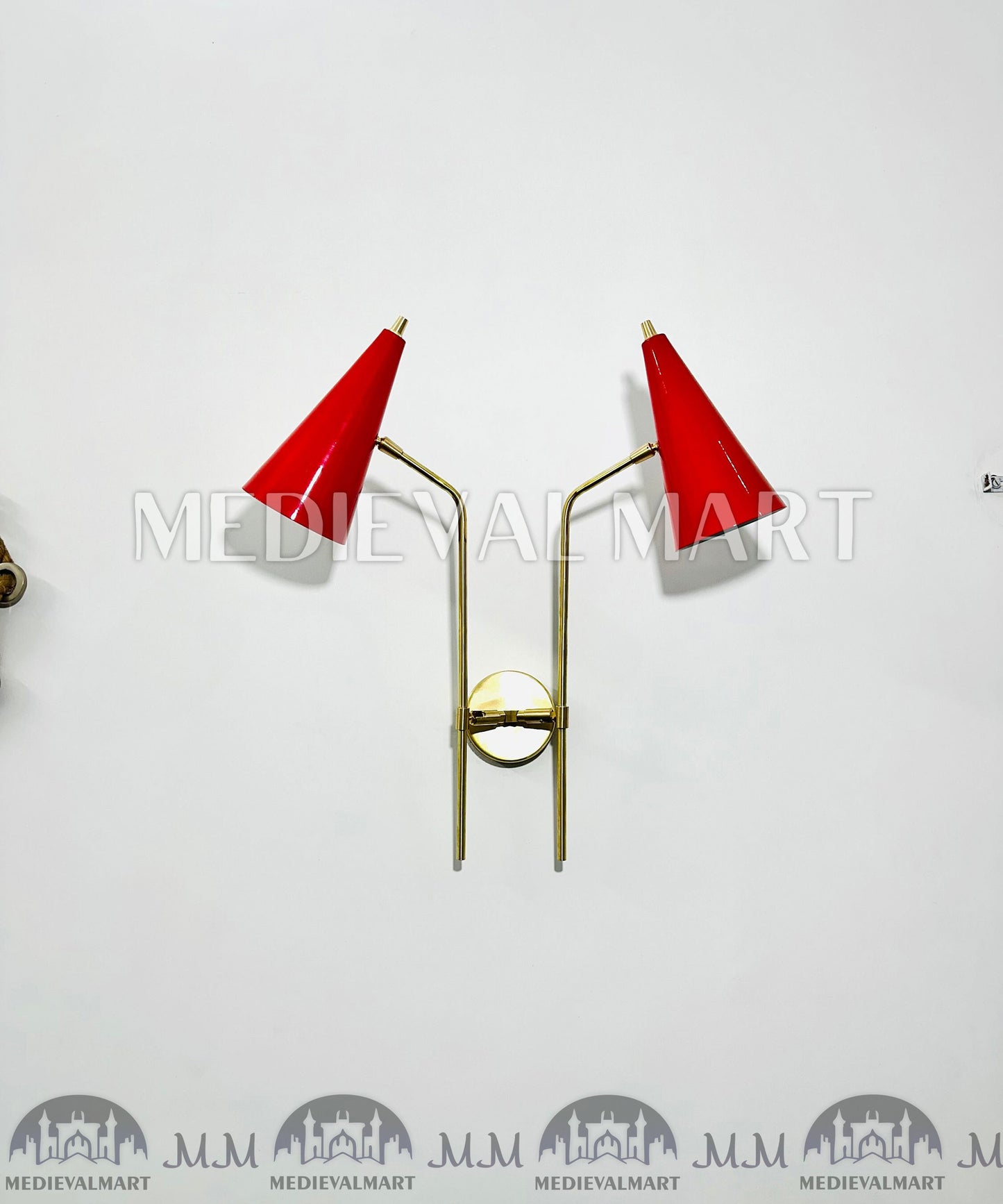 MEDIEVALMART 1900s Red Cone Brass Wall Sconce: Mid Century Italian Diabolo Light