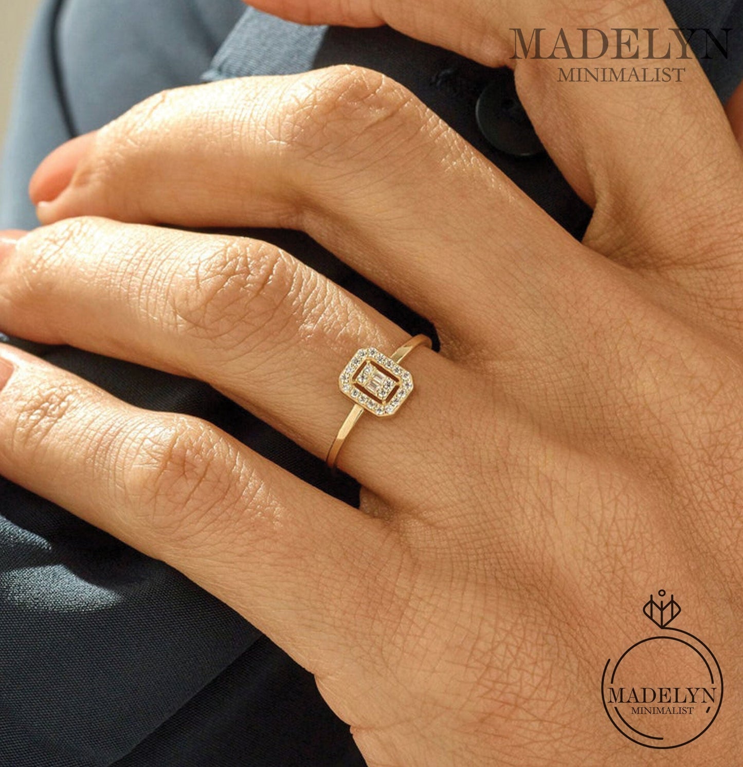 MADELYN MINIMALIST 14k Solid Gold Minimalist Baguette Pave Engagement Ring for Women | Gift For Her