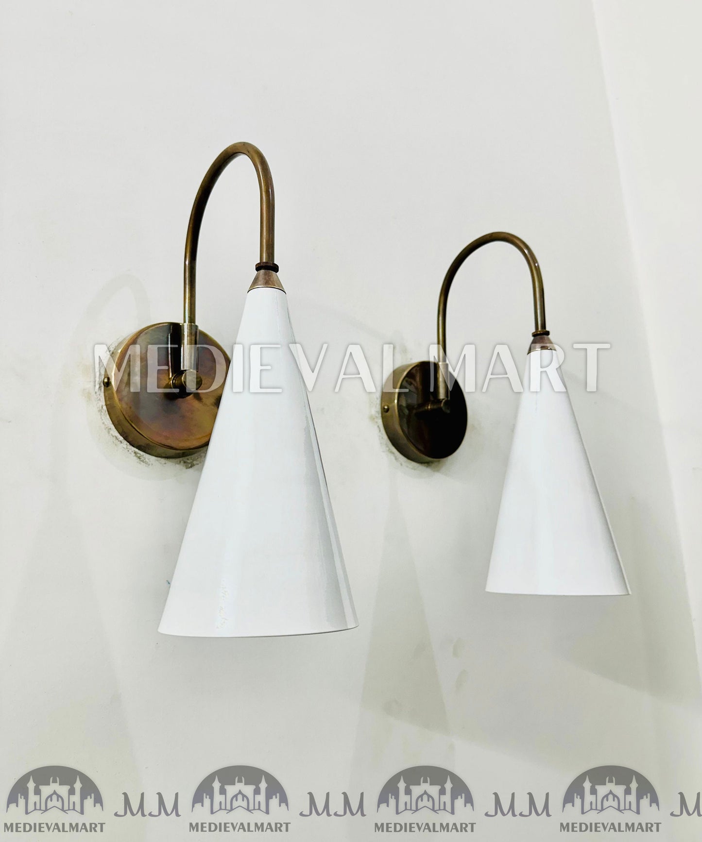 MEDIEVALMART Brass Wall Sconce: Mid Century White Cone Lamp, Adjustable Diabolo Light