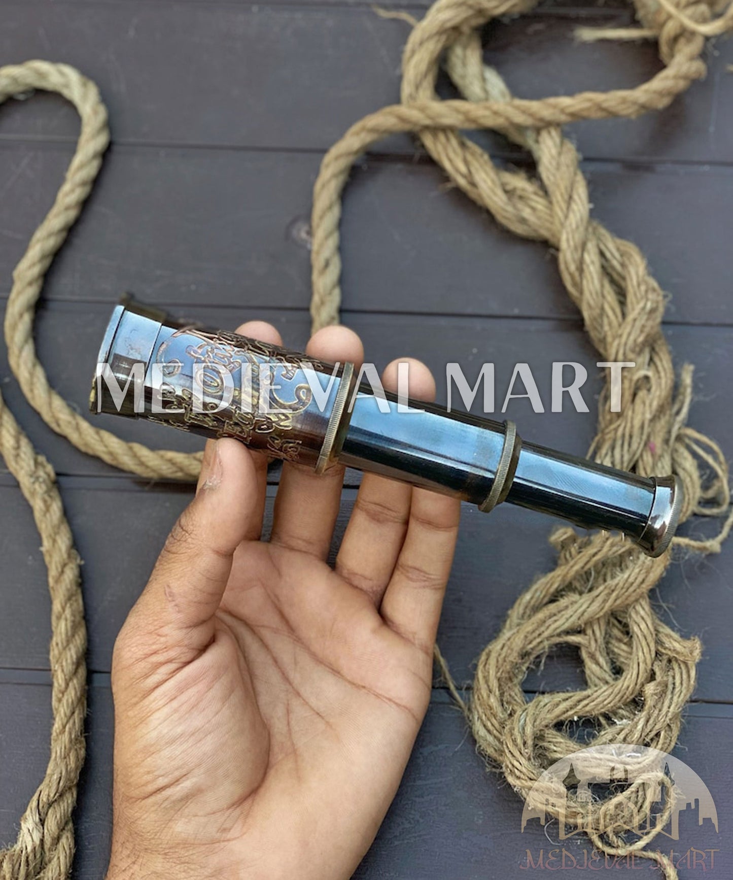 MEDIEVALMART Pirates Engraved Pocket 7 Inches Antique Brass Telescope | Christmas Gifts, Gift for Dad, Gift for Mom