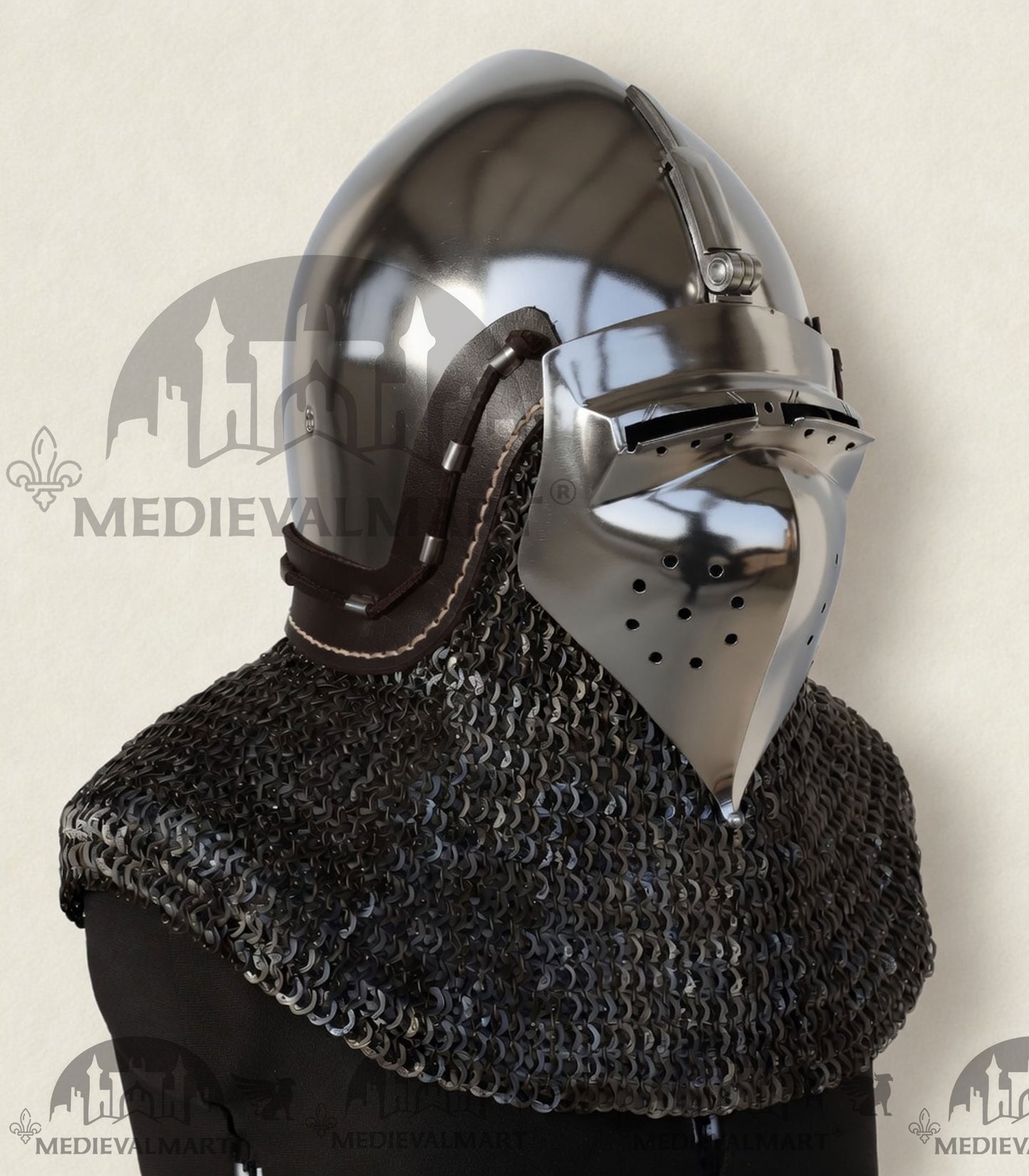 MEDIEVALMART XIV Century Medieval "The Wayward Knight" klappvisor Bascinet Helmet with Chainmail