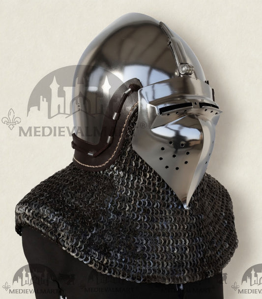 MEDIEVALMART XIV Century Medieval "The Wayward Knight" klappvisor Bascinet Helmet with Chainmail