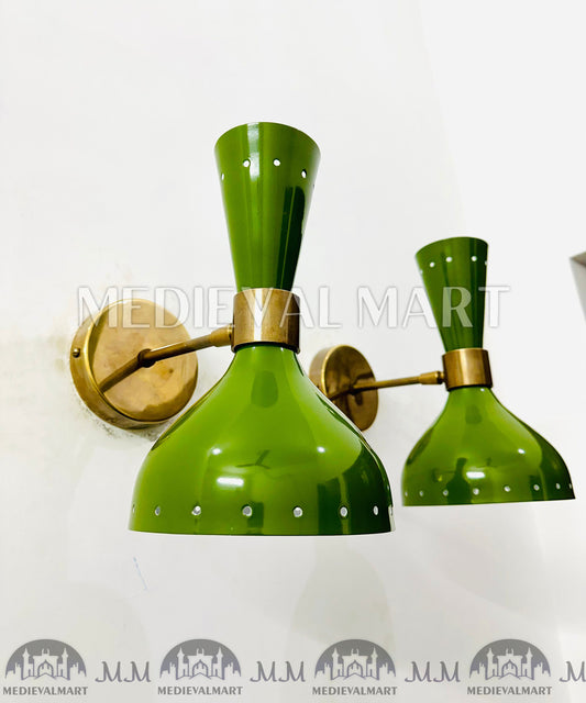 MEDIEVALMART 1950s Brass Mid Century Italian Diabolo Green Wall Scones Light
