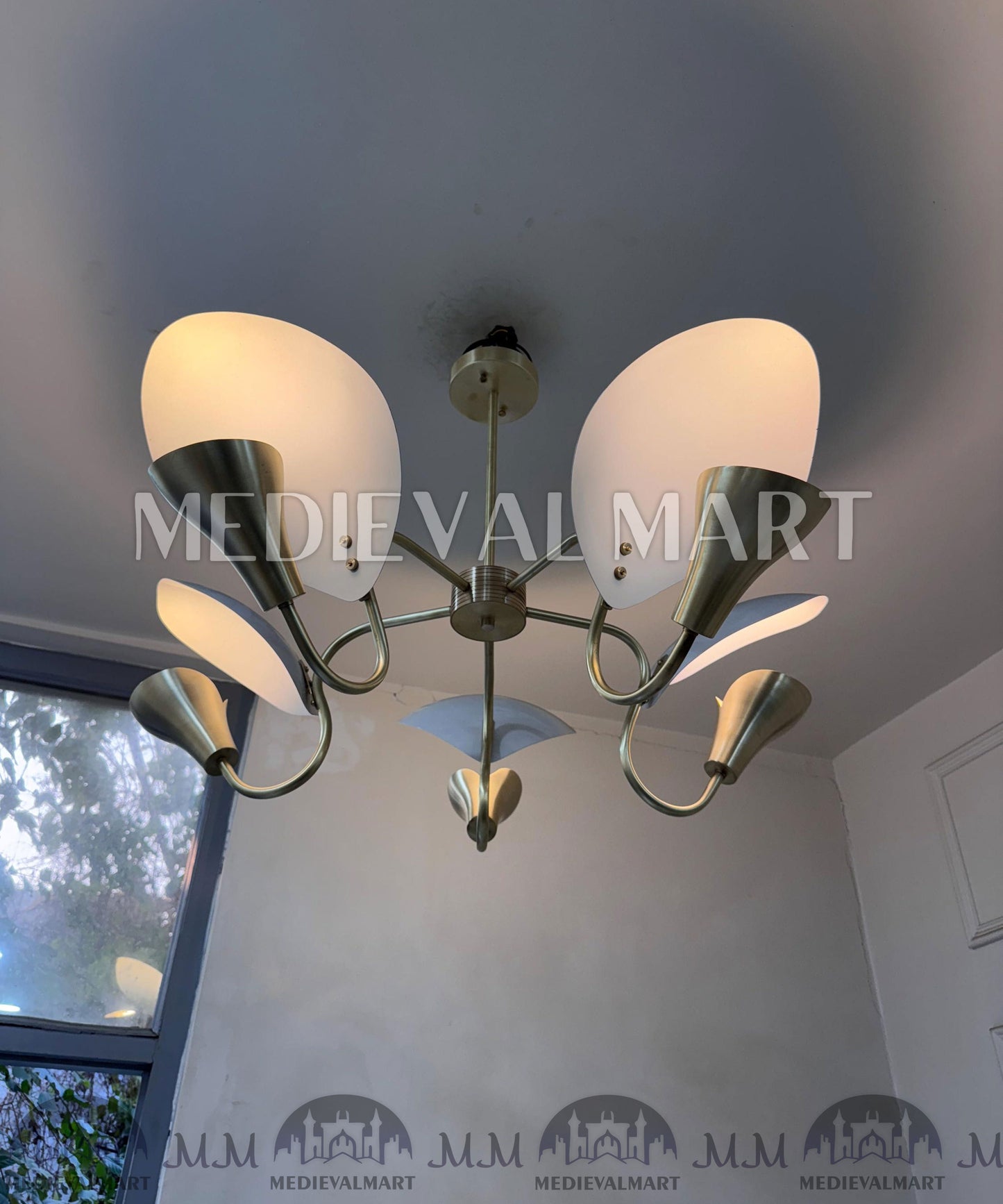 MEDIEVALMART Handmade Brass 5-Arm Chandelier | Mid-Century Modern Light Fixture