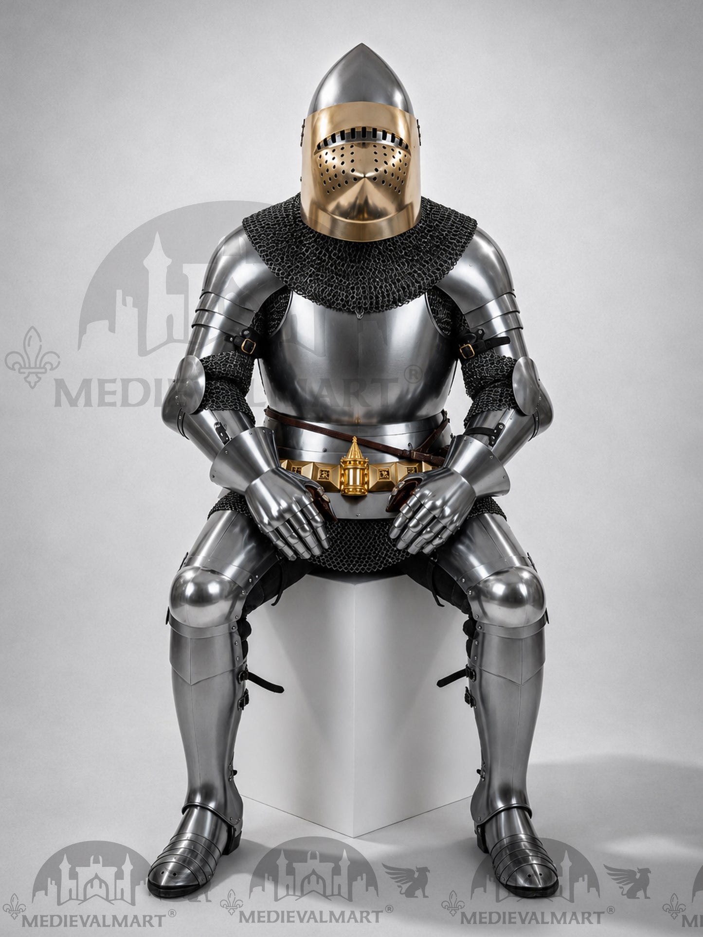 MEDIEVALMART Historical Knight Full Body Steel Armor Suit W/H Hundsgugel Helmet, Cuirass Stop Rib or Brass Touch