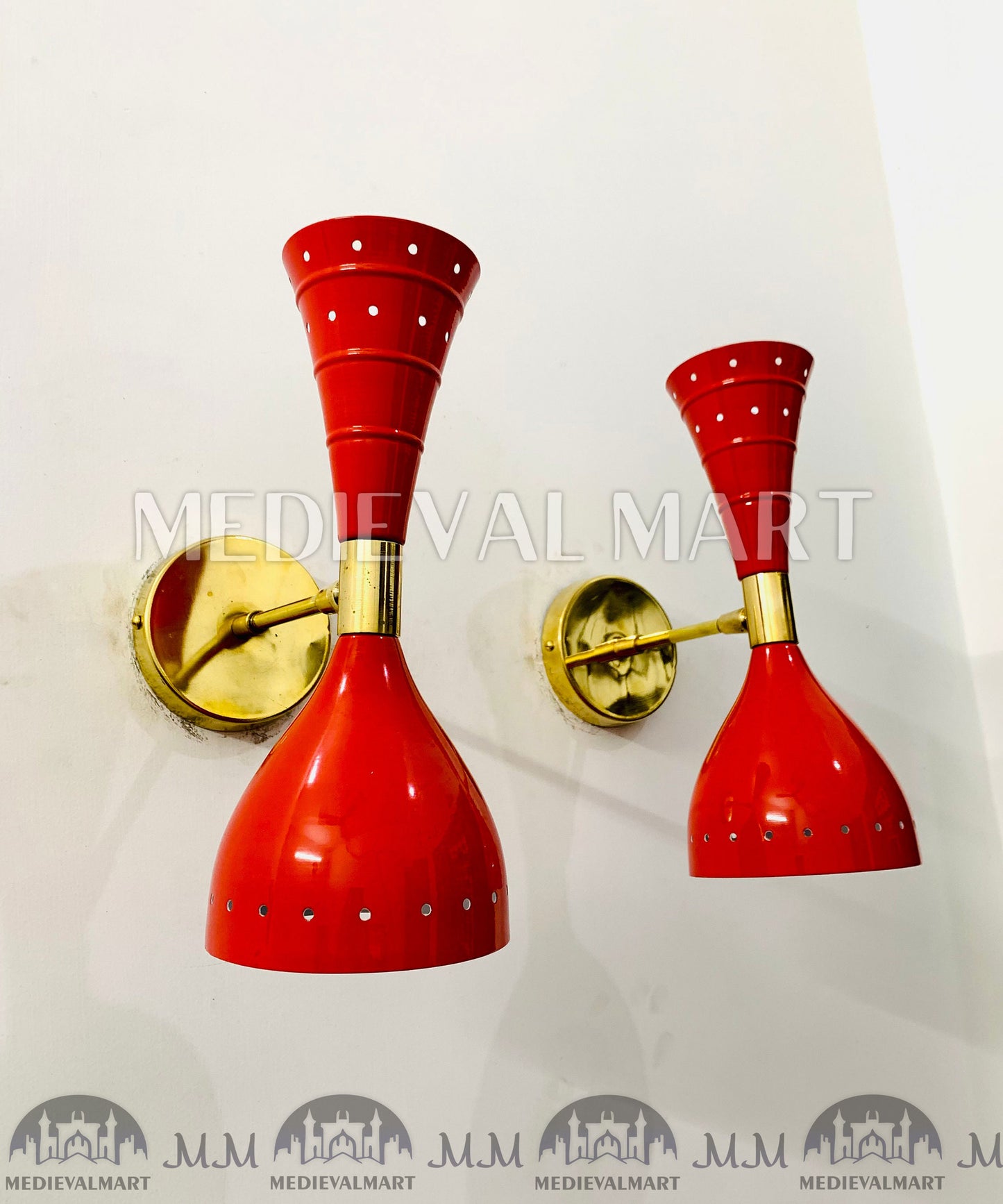 MEDIEVALMART Mid Century Brass Diabolo Wall Sconce Pair: Italian Stilnovo Style