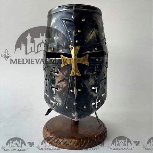 MEDIEVALMART Casque de Chevalier Croisé Templier de Bataille Endommagé Finition Noire Avec Support Gratuit