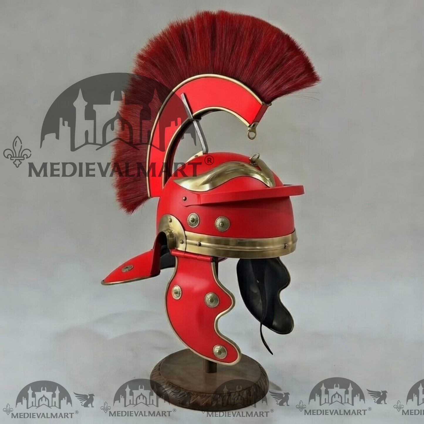 MEDIEVALMART Gallic Roman Centurion Red Finish Helmet Replica Red Plume with Free Stand