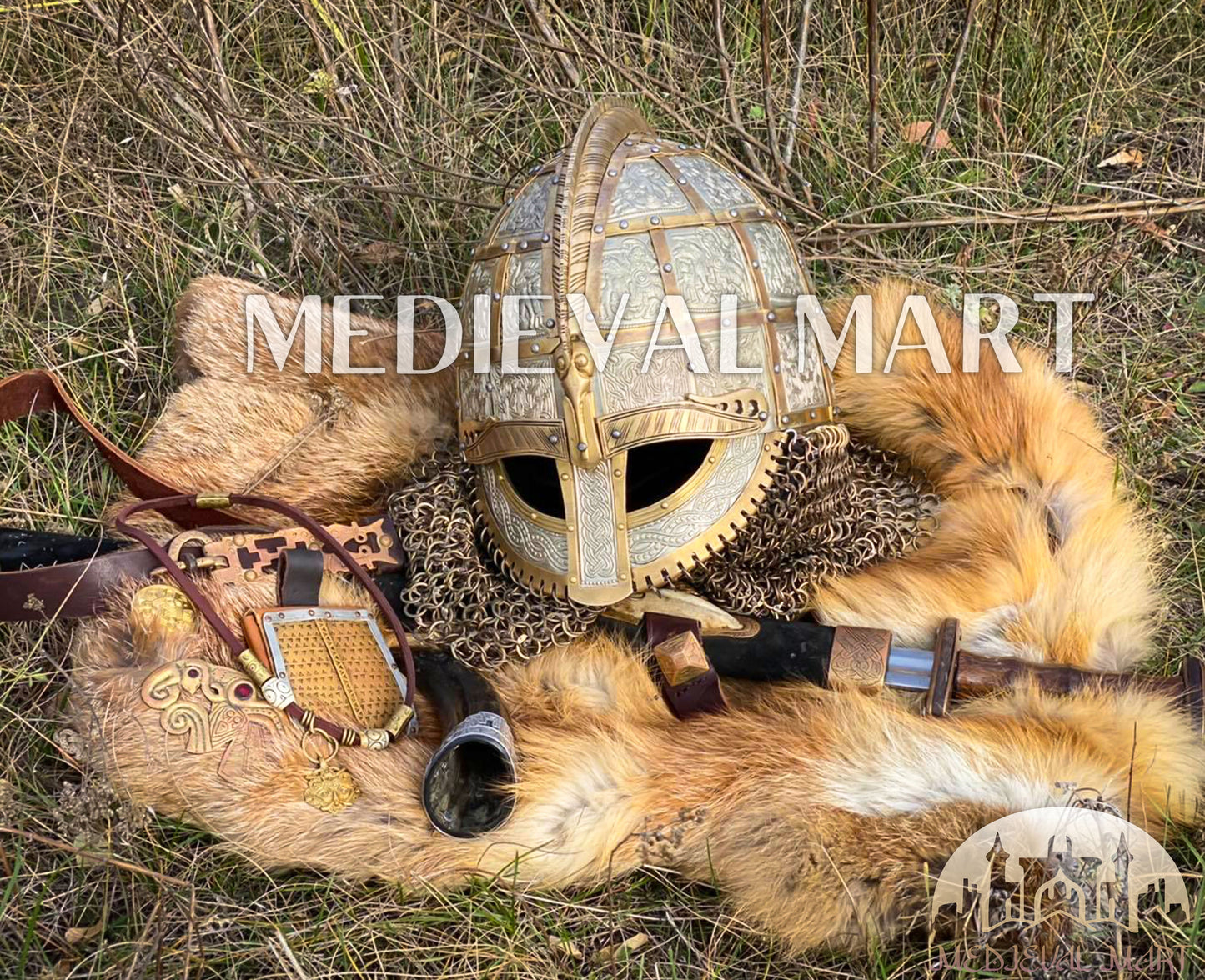 MEDIEVALMART Medieval Viking Vendel Period Broa Helmet with Bass Decoration & Titanium Chainmail